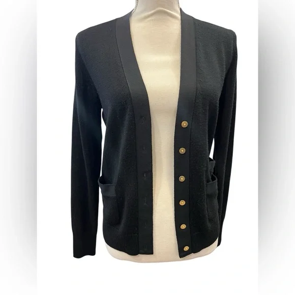 J.Crew Merino Wool Black Cardigan Sweater Women’s Size S Gold Button Pockets - Picture 3 of 7